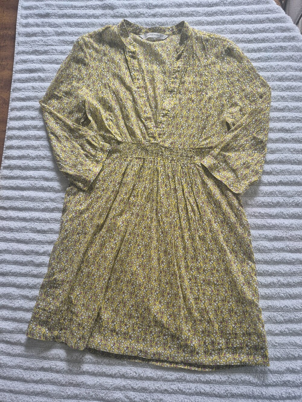 Zara Yellow Floral Smock-Waist Long-Sleeve Mini Dress